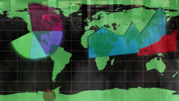 Цифрова Анімація Графіків Даних Ростуть Карті Зеленого Світу Чорно Білим — стокове відео