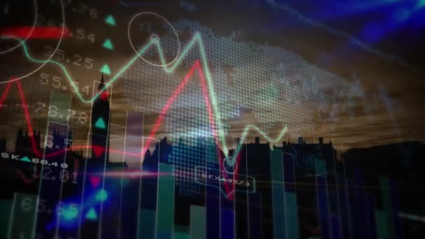 Digital Komposit Aktiemarknaden Data Fluktuerar Mot Staden Bakgrund — Stockvideo
