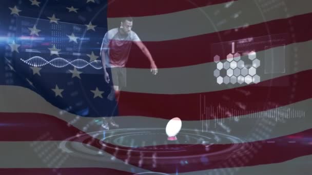 数字组合英俊的非洲裔美国足球运动员踢球在慢动作与界面和美国国旗挥舞的背景 — 图库视频影像