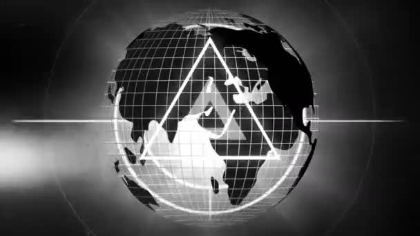 白色三角脉冲的数字动画与白色圈子反对旋转的地球与光作用 — 图库视频影像