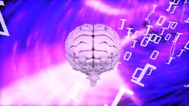 ピンクと紫のデジタル トンネル背景を移動でバイナリ コードに囲まれたピンクの脳のデジタル アニメーション — ストック動画