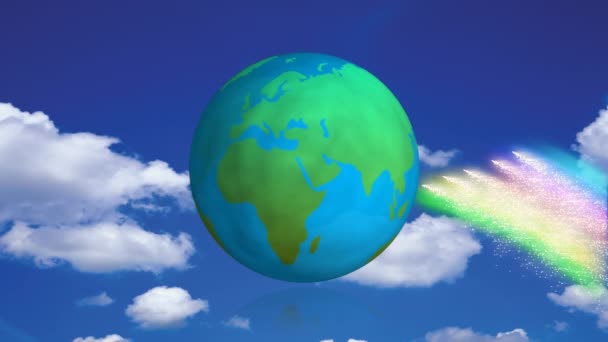 Digital Composite Spinning Earth Globe Blue Sky Rainbow Background — Stock Video