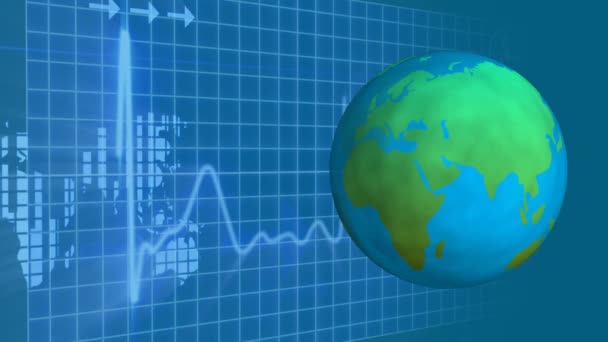 Digitální Složený Globe Otáčení Kolem Sebe Kardiogram Mřížky Pozadí Mapa — Stock video