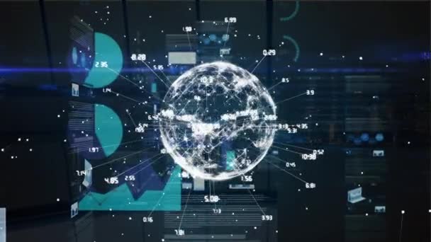 Front View Rotating Globe Lines Connecting Time Differences Data Analysis — Stock Video