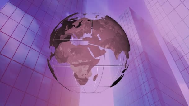 Digital Animation Transparent Globe Turning Itself Skyscrapers Background Purple Filter — Stock Video