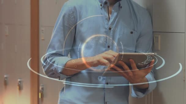 Digital Composite Caucasian Man Using His Digital Tablet Standing Corridor — Wideo stockowe