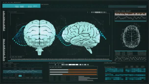 Digitales Zusammenspiel Menschlicher Gehirne Mit Datenanalyse Vor Schwarzem Hintergrund — Stockvideo