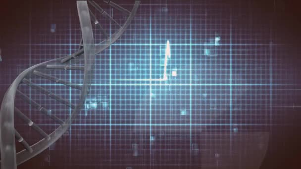 Digital Composite Dna Helix Rotating Heartbeat Line Grid Background — Stock Video