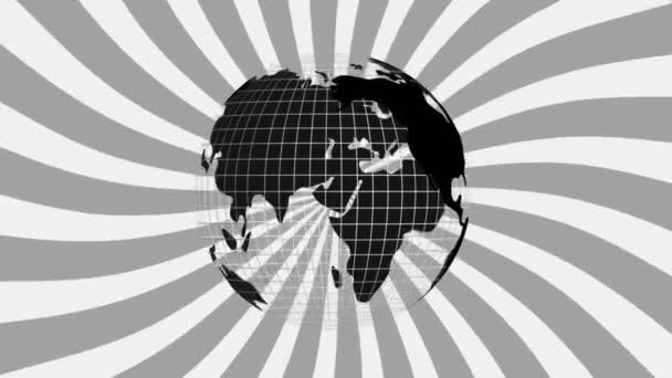 Digitalt Animerade Spinning Globe Mot Grå Och Vit Hypnotiska Spiral — Stockvideo