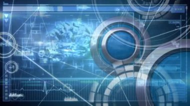 Dijital olarak ikili kodları ve bağlantı çizgileri ön plan üzerinde hareket halindeyken insan beyni dönen, animasyon üretilen. Mavi ve gri sağ daireler.