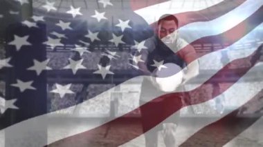 Puan alırsınız ve Amerikan bayrağı ön planda stadyum üzerinde sallayarak puan için dalış Afro-Amerikan rugby oyuncusu dijital bileşik