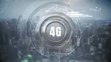 4g logosunun üstünde veri bağlantıları cityscape içinde belgili tanımlık geçmiş ile çevrili bir düğme dijital bileşik