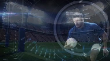 Arabirim stadyumdaki oyuncuların sağlığını takip ederken, beyaz rugby oyuncusunun futbolla dalışının dijital bileşimi