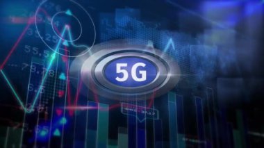 5g logo grafik, hisse senedi fiyatı, koyu arka plan verilerde karşı düğme üzerindeki dijital animasyon