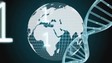 Animasyon Dünya ve arka planda değişik konumlara ikili kodları ile dönen Dna modeli önden görünümü