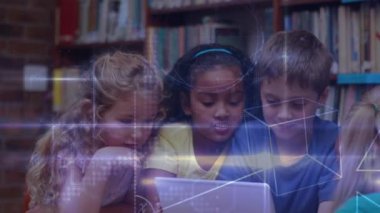 Digital composite of children looking at a digital tablet in a classroom surrounded  by animation of mathematics symbols