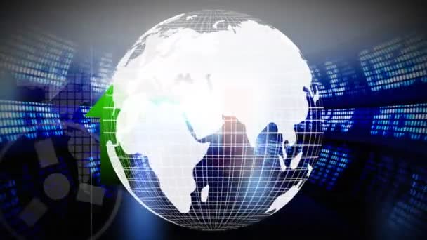Digital Animation Globe Turning Stock Market Data Background Green Arrow — Stock Video