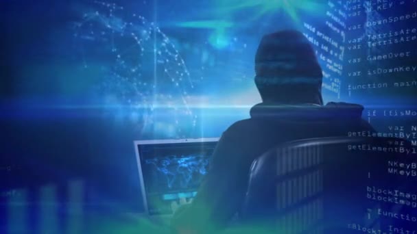 Composto Digital Hacker Caucasiano Inteligente Com Balaclava Sistema Computador Hacking — Vídeo de Stock