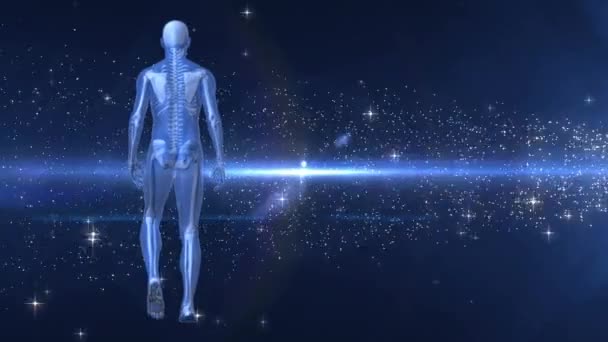 Digital Composite Human Prototype Walking Dark Background Shooting Star Surrounded — Stock Video