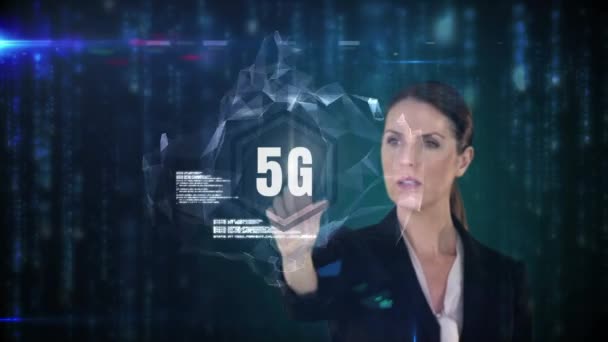 Digital Composite Caucasian Businesswoman Touching Button Surrounded Data Light Particles — Stock Video