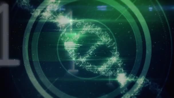 デジタル アニメーション無料の Dna の螺旋形の回転の落ちる未来の緑の円の移動に対してバイナリ コード — ストック動画