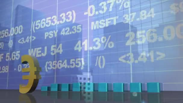 欧元符号的数字合成在左角旋转 而蓝色图形增长 股市数据在蓝色背景下移动 — 图库视频影像