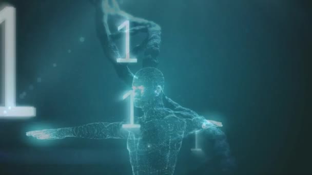 Цифровий Композитний Анімовані Верхня Частина Людського Тіла Поворот Нулів Одиниць — стокове відео