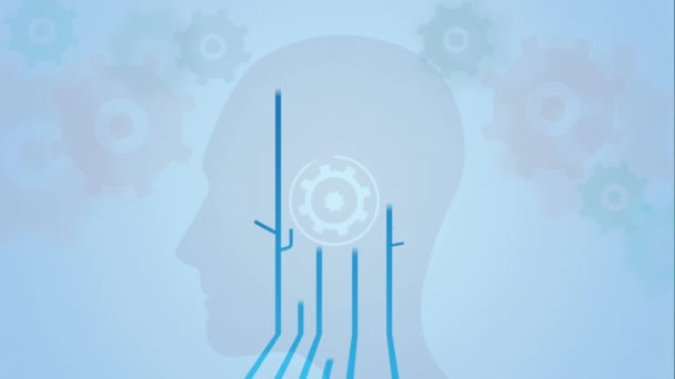 바퀴에 아이콘 애니메이션된 인간의 머리와 브레인 스토밍 실루엣의 디지털 — 비디오