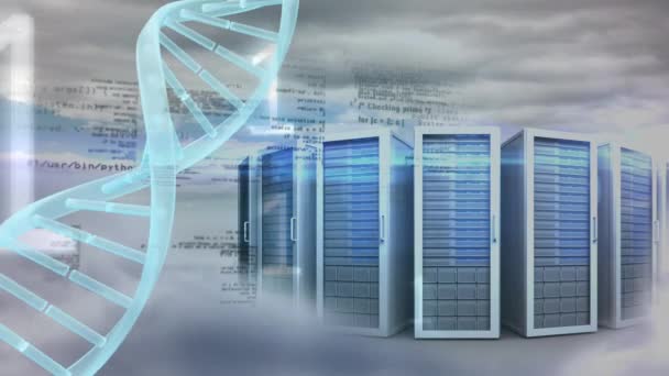 Digital Komposit Spinning Dna Helix Mot Dataserver Molnig Himmel Bakgrund — Stockvideo