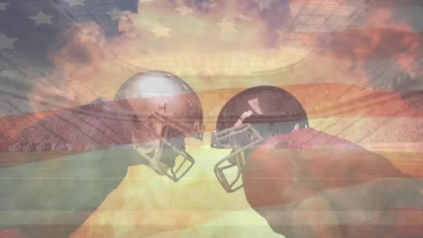 Rugby Oyuncuları Animasyonlu Ateş Yanan Amerikan Bayrak Sallayarak Üzerinde Arka — Stok video