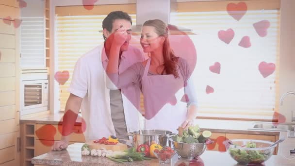 Composto Digital Casal Romântico Cozinhar Enquanto Diverte Cozinha Com Corações — Vídeo de Stock