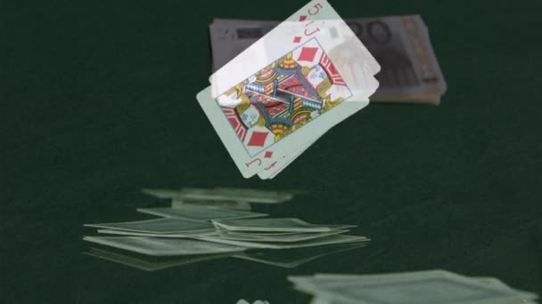 Digital Composite Game Cards Thrown Card Table While Banknotes Displayed — Stock Video