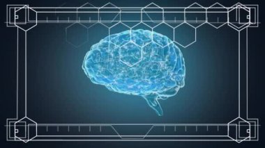 Saat yönünde hareket koyu mavi arka planı saydam beyin animasyonlu ekran oluşturulurken dönen dijital bileşik ve birkaç altıgenler.