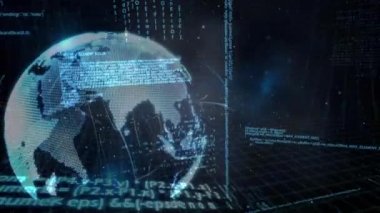 Ön plan koyu arka plan üzerinde Küre ve ikili dijital arabirimi hareketli animasyonlu ışıklar ile dönen dünyanın dijital bileşik