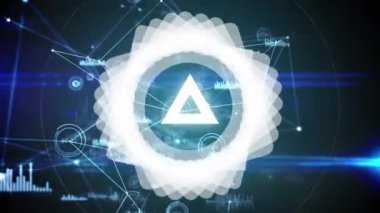 Ağ bağlantıları ile karanlık bir arka plan üzerinde dönen dijital geometrik şekiller parlayan dijital animasyon