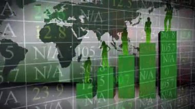Yeşil çubuk grafik kişi simgesi ve ön plan karşı dünya haritası üzerinde hareket eden veri ile dijital bileşik.