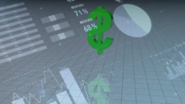 Mavi renkli çubuk grafik istatistiksel veri karşı büyüyen süre dönen yeşil renkli Doları sembolün dijital bileşik