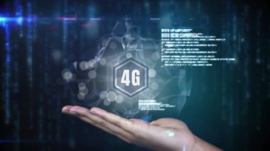 4g logosunun bokeh effetcs karanlık bir arka plan üzerinde bulunan veri ve dönen küreye düşen ışık parçacıkları ile çevrili bir düğme üzerindeki dijital animasyon