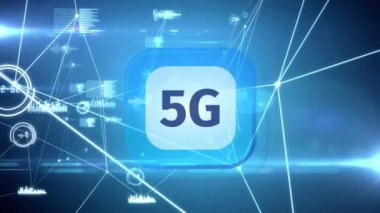 5g düğmesini animasyon ağ bağlantı çizgileri grafik ve ses dalgaları perde karşı hareket ile dijital bileşik