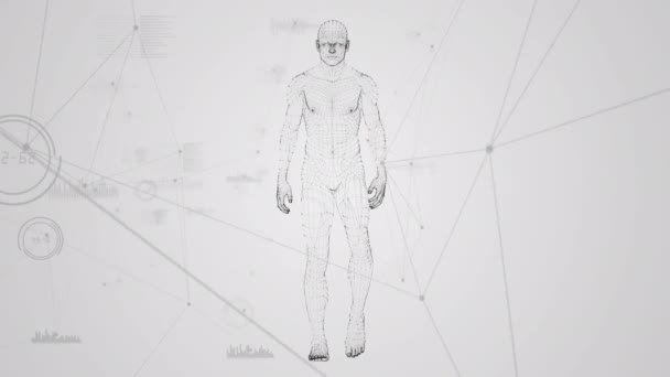 Digitale Composiet Van Menselijke Prototype Lopen Tegen Gegevensverbindingen Een Witte — Stockvideo