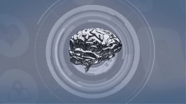 背景に医療アイコンと脳移動光の輪を回転させる銀着色された脳のデジタル合成 — ストック動画