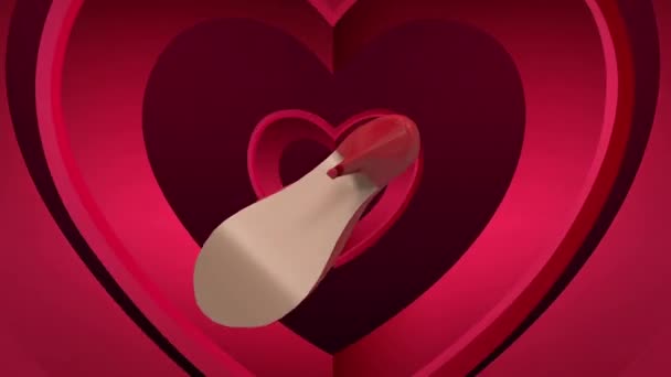 Animação Digital Girar Sapato Salto Alto Vermelho Contra Corações Vermelhos — Vídeo de Stock