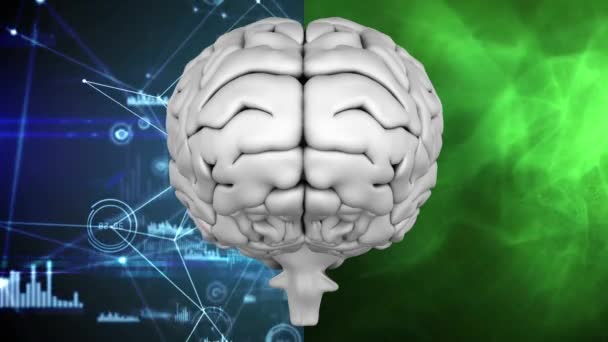 人間の脳は つの半分に分かれての背景にデジタル合成 左半分はバイナリ コードを示します 右半分が緑の煙を示しています中に暗い青色の背景に対して線を接続 — ストック動画