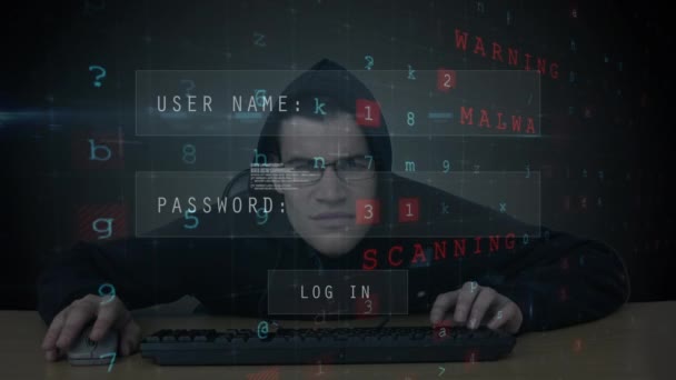 数字复合的高加索黑客与黑色引擎盖试图登录到计算机 而二进制代码移动在前景在黑暗的房间 黑客无法访问 — 图库视频影像