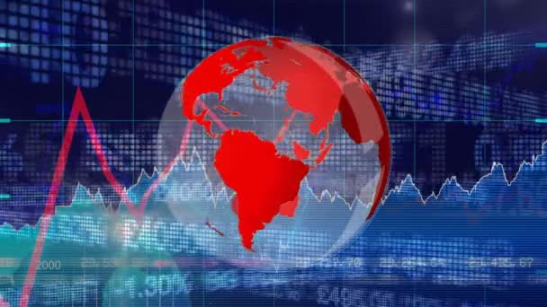 Digital Composite Spinning Globe Dashboard Financial Data Blue Background — Stock Video