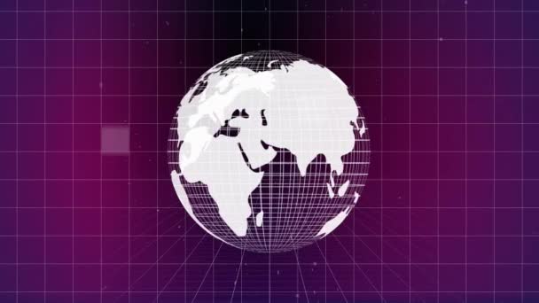 紫色の背景に白いグリッド パターンに対して世界を回す のフロント ビュー — ストック動画