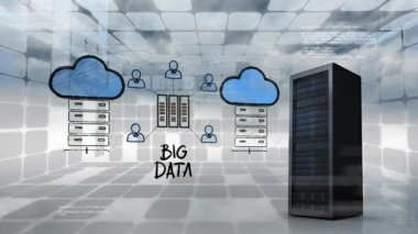 Veri sunucu ve veri sunucusu ve mavi bulutlar karşı gri kare çiziminin dijital animasyon