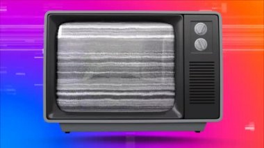 Eski bir Tv sonrası bir mor, mavi ve turuncu arka plan Tv cızırtılı animasyon ile çılgın bir animasyonlu emoji gösterilen dijital animasyon