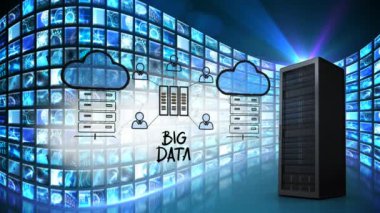 Gerçek veri sunucusu ve animasyon çizim bulutlar mavi bir teknolojik duvara çevrili bir veri sunucusunun bir dijital animasyon