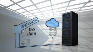 Gerçek veri sunucusu ve animasyon beraberlik, Vinç ve bulut bir ofiste çevrili veri server dijital animasyon